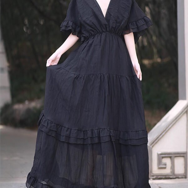 Spring and Summer V-neck Backless Flowing Lotus Leaf Edged Double-layered Sleeveless Dress for Beach Vacation Style Travel Photoshoot Long Dress