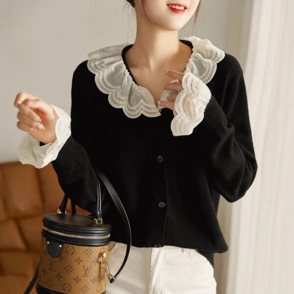 Spring's sweet fragrance, light and comfortable, retro lace babydoll collar, wool blend knitted cardigan for women