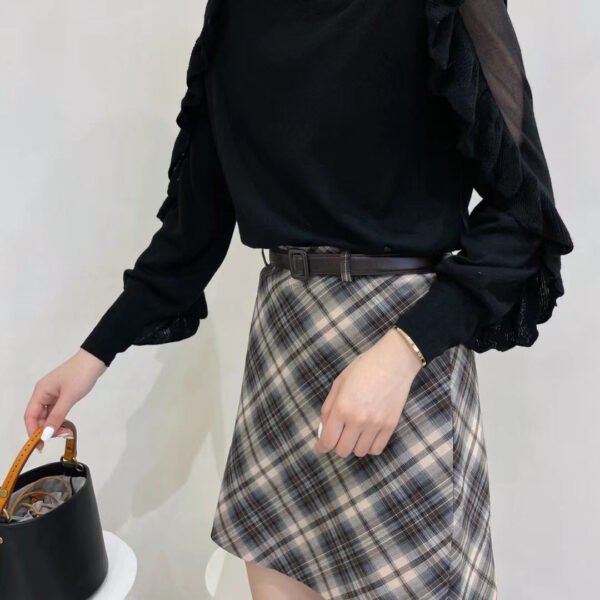 Spring Autumn Women's New Korean-style Simple Solid Color Versatile Slit Sleeve T-Shirt With Collar and Organza Lace Edging on Sleeves