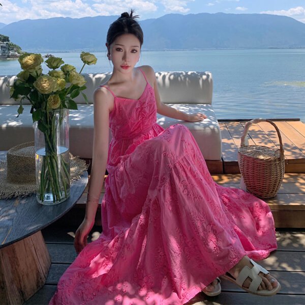 New summer loose-fitting halter-neck dress with backless design for slimming effect, pink three-dimensional embroidered long dress, beach vacation style long dress