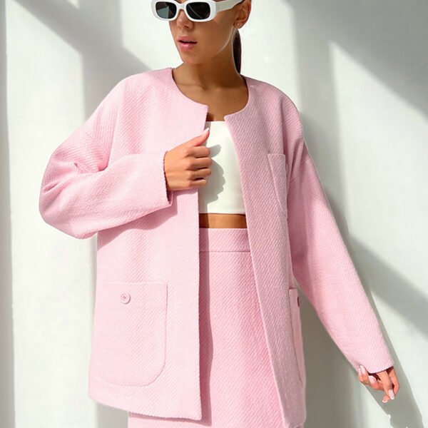 Autumn-Winter New Style Wool Round-neck Casual Blazer with A-line Short Skirt Two-Piece Set for 2023 Fashion - Sweet and Elegant Style for Women