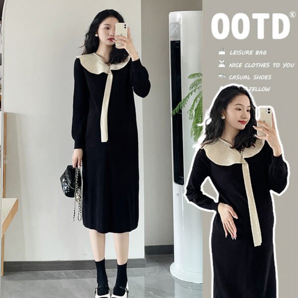 Xuemeifu Pregnant Dress 2024 Autumn-Winter New Style Korean Edition Age-Reducing Strapped Lotus-Leaf Collar Stylish Slimming Knit Dress