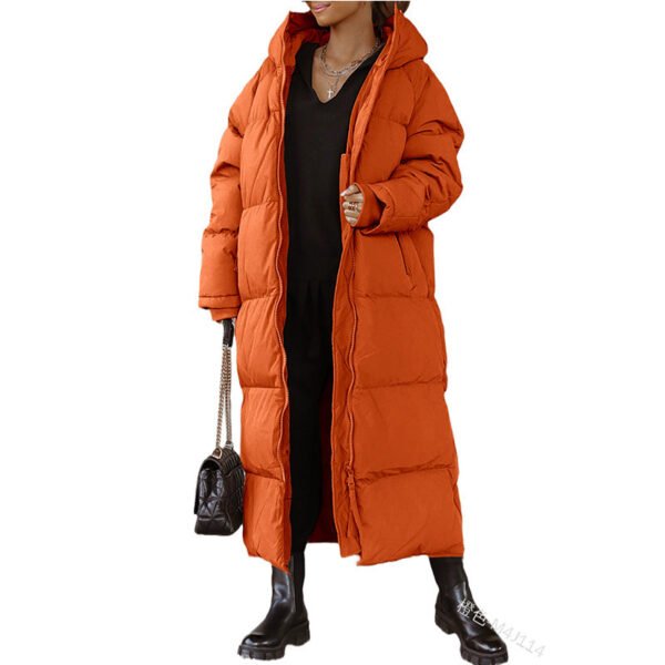New autumn-winter styles of cross-border hooded plain-colored long coat for women, fashionable and casual, with zipper and long sleeves.