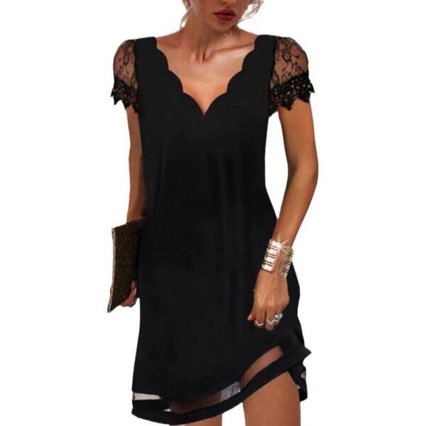 2023 New Product - European Independent Store Autumn Urban Style Businesswoman's Flowing V-Neck Lace Short-Sleeved Silk Dress